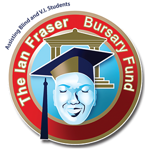 A graduate student with a tertiary institution in the background enclosed by a circle with the words 'The Ian Fraser Bursary Fund'.